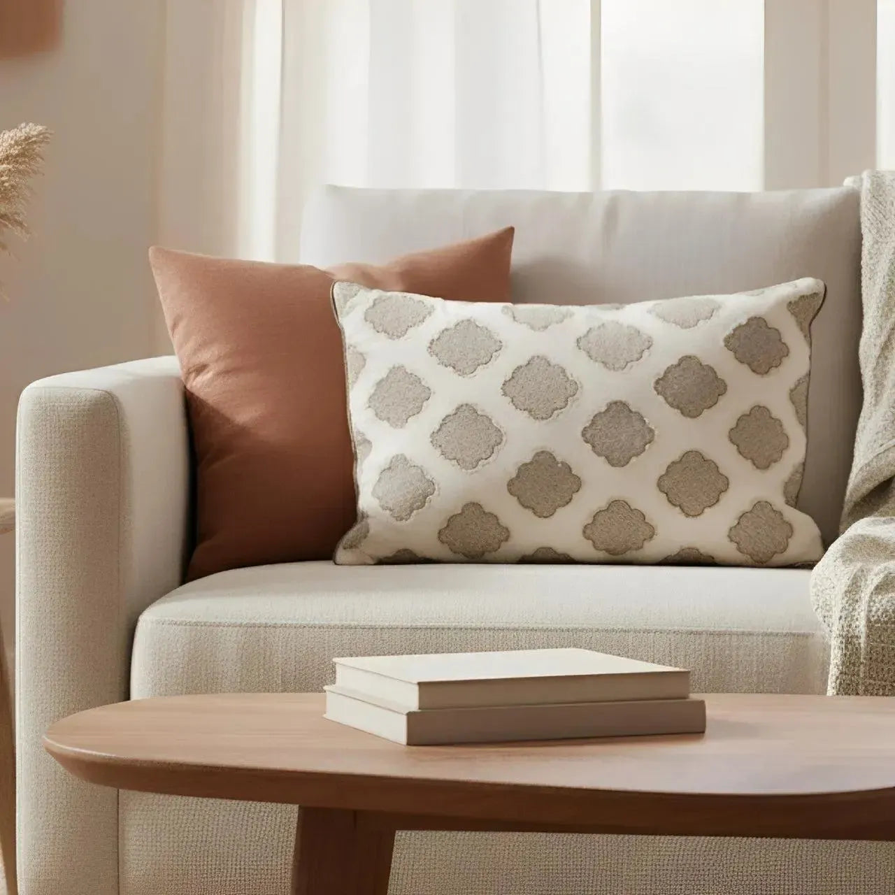 Almofada Sarja Cru 35x52 Bordado Castanho Fino Indiano Taj