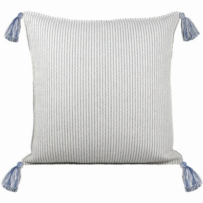 Almofada Bouclé Azul 60x60 Listra Fina e Pingente de Tecido