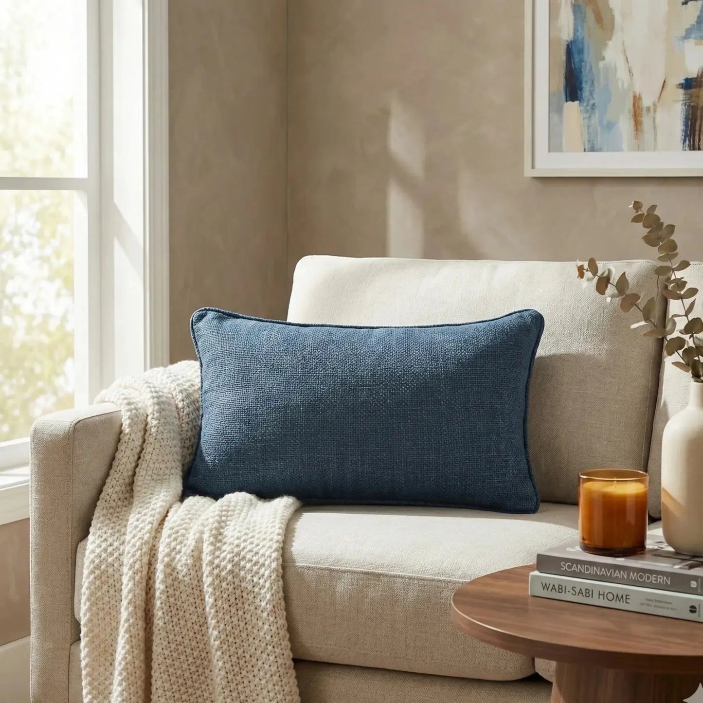 Almofada Linho Azul 35x52 Lisa Cordão