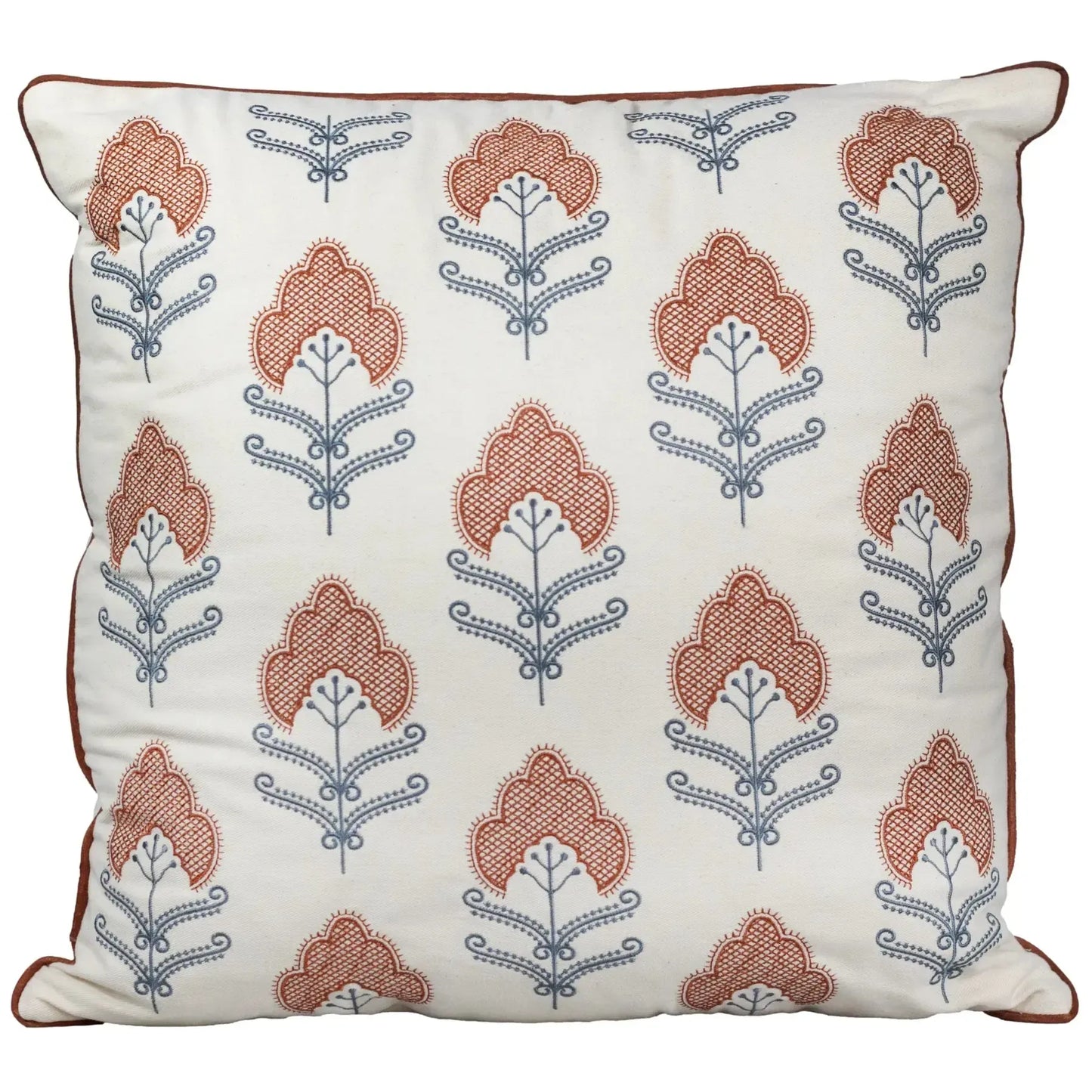 Almofada Sarja Cru 52x52 Bordado Terracota Fino Indiano Rajah