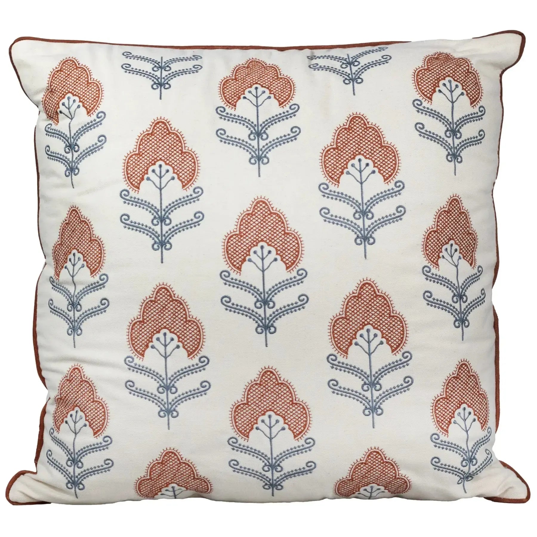 Almofada Sarja Cru 52x52 Bordado Terracota Fino Indiano Rajah
