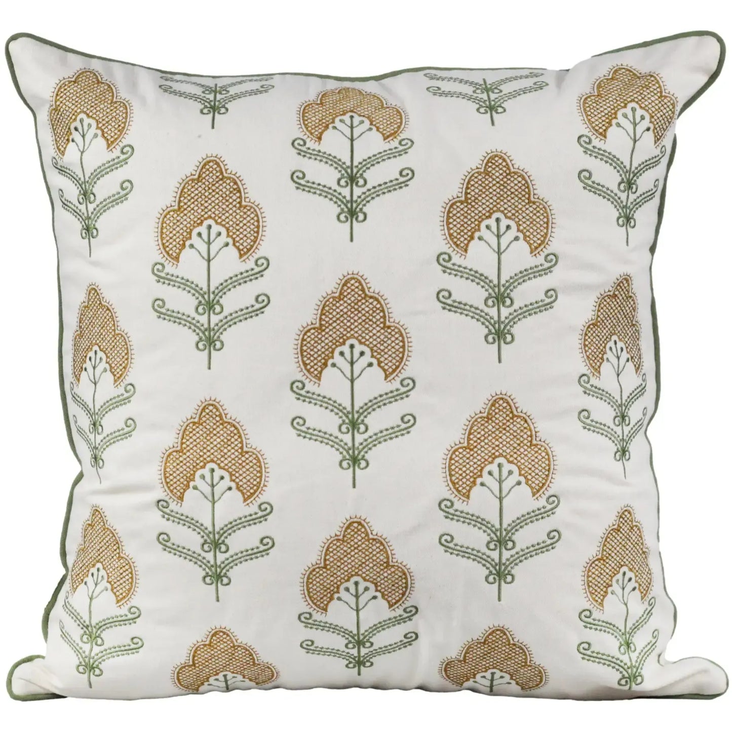 Almofada Sarja Cru 52x52 Bordado Verde Fino Indiano Rajah