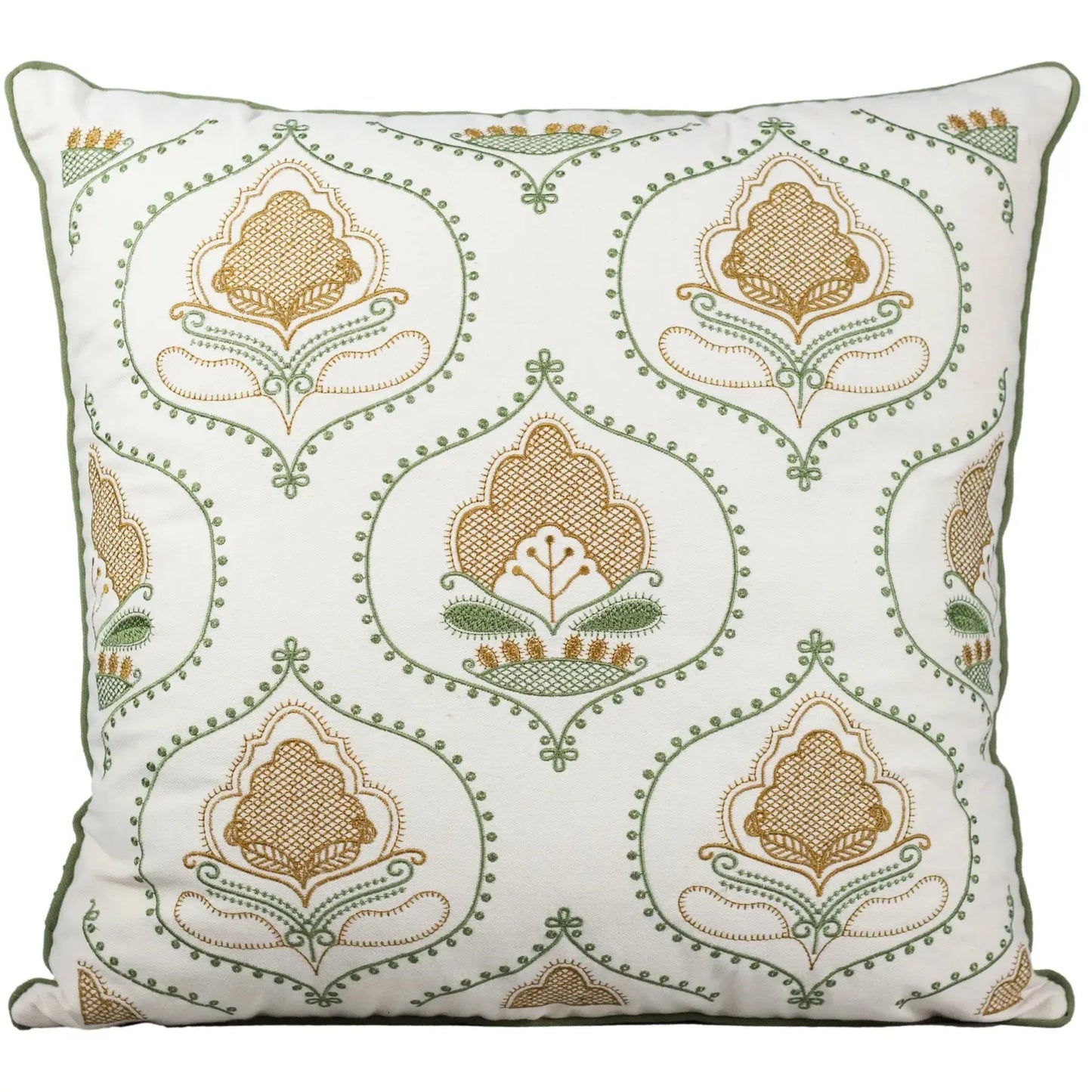 Almofada Sarja Cru 52x52 Bordado Verde Fino Indiano Shanti