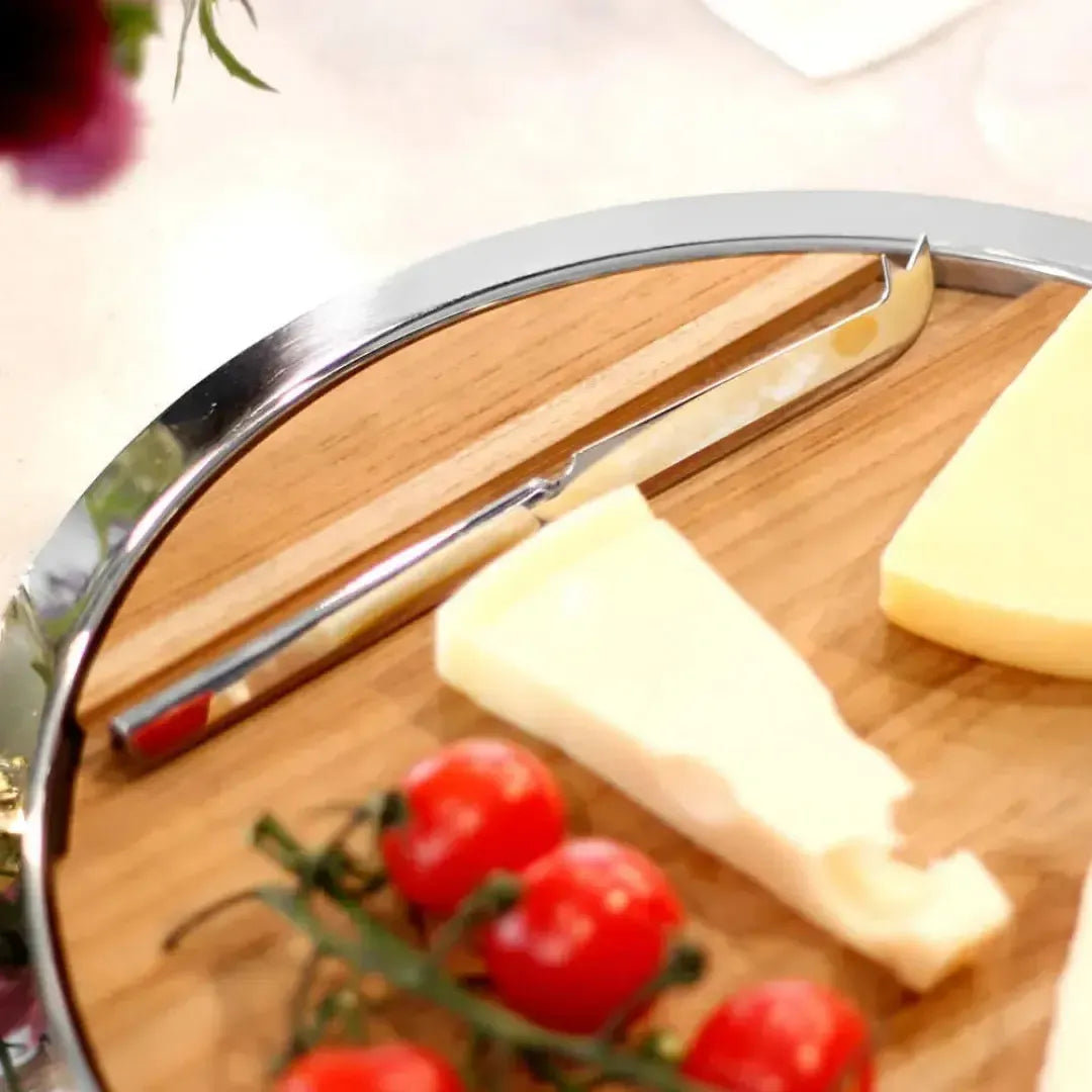 Bandeja Redonda Atri com Faca Formaggio Inox / Madeira Riva