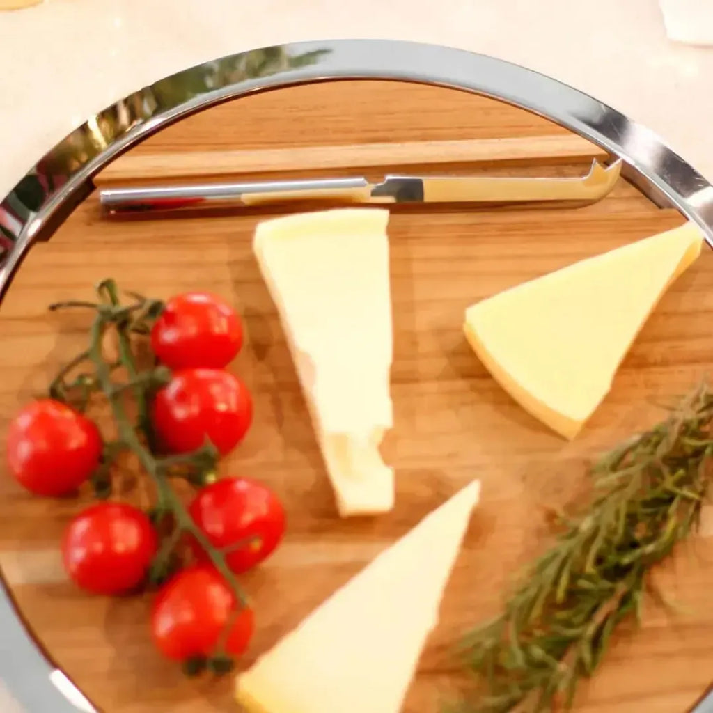 Bandeja Redonda Atri com Faca Formaggio Inox / Madeira Riva
