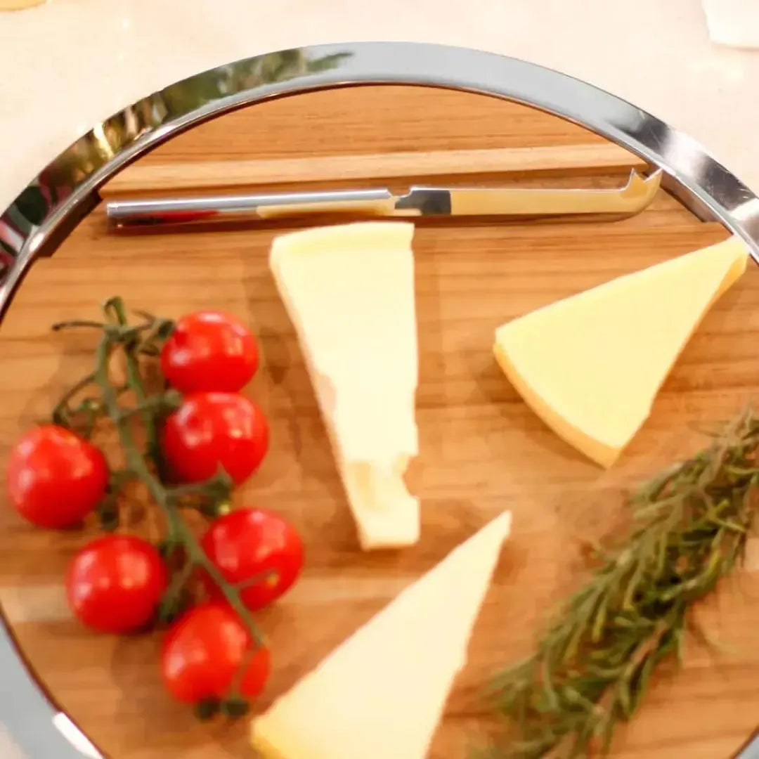 Bandeja Redonda Atri com Faca Formaggio Inox / Madeira Riva