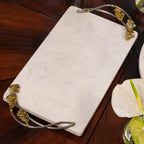 Bandeja Retangular Marmore com Alças Folhas Metal Object Bahali 3x41x23cm