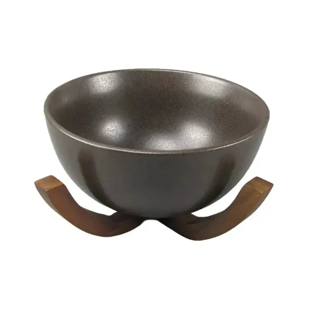 Bowl Cerâmica Marrom com Base de Madeira 27,5cm Linha Sintonia