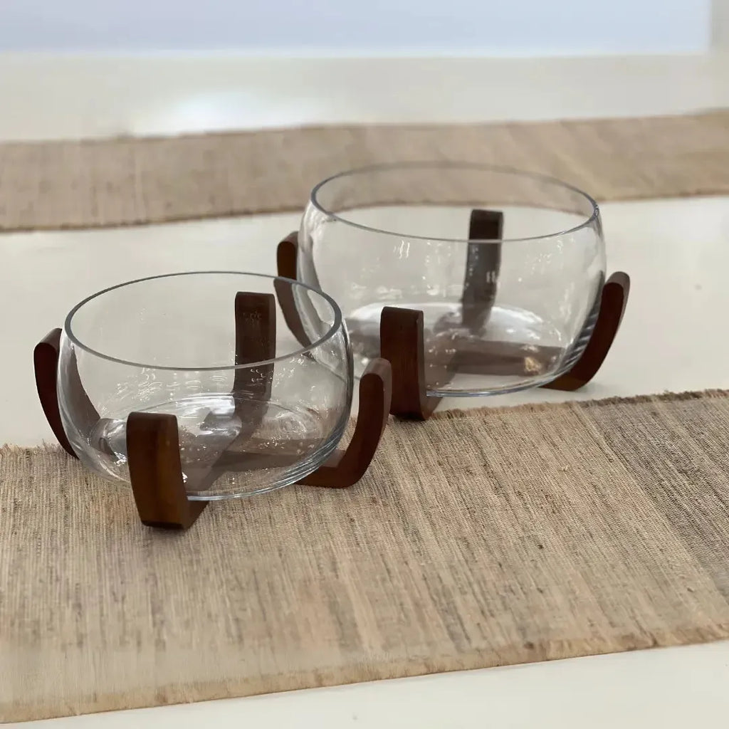 Bowl Vidro com Base de Madeira 26cm Linha Sintonia