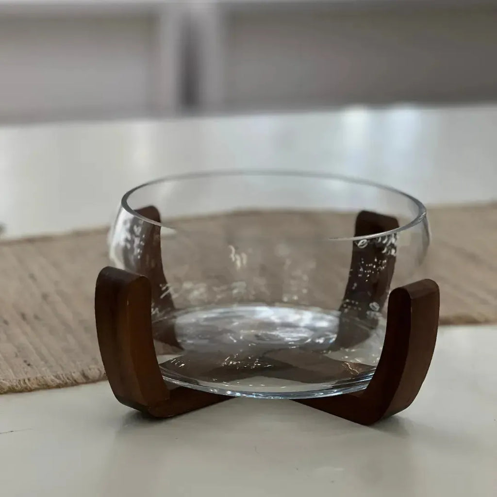 Bowl Vidro com Base de Madeira 26cm Linha Sintonia