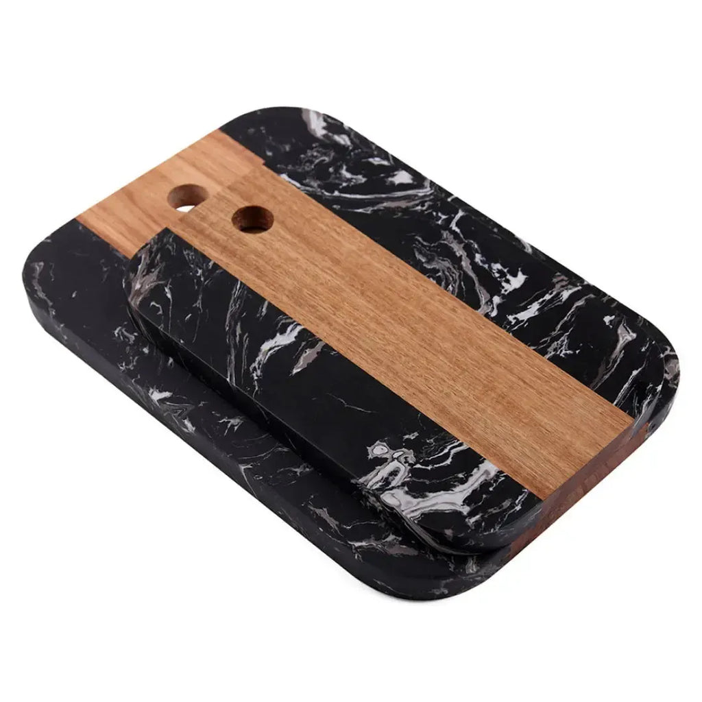 Conjunto 2 Tábuas para Aperitivo com Furo de Pendurar Madeira e Mármore Branco
