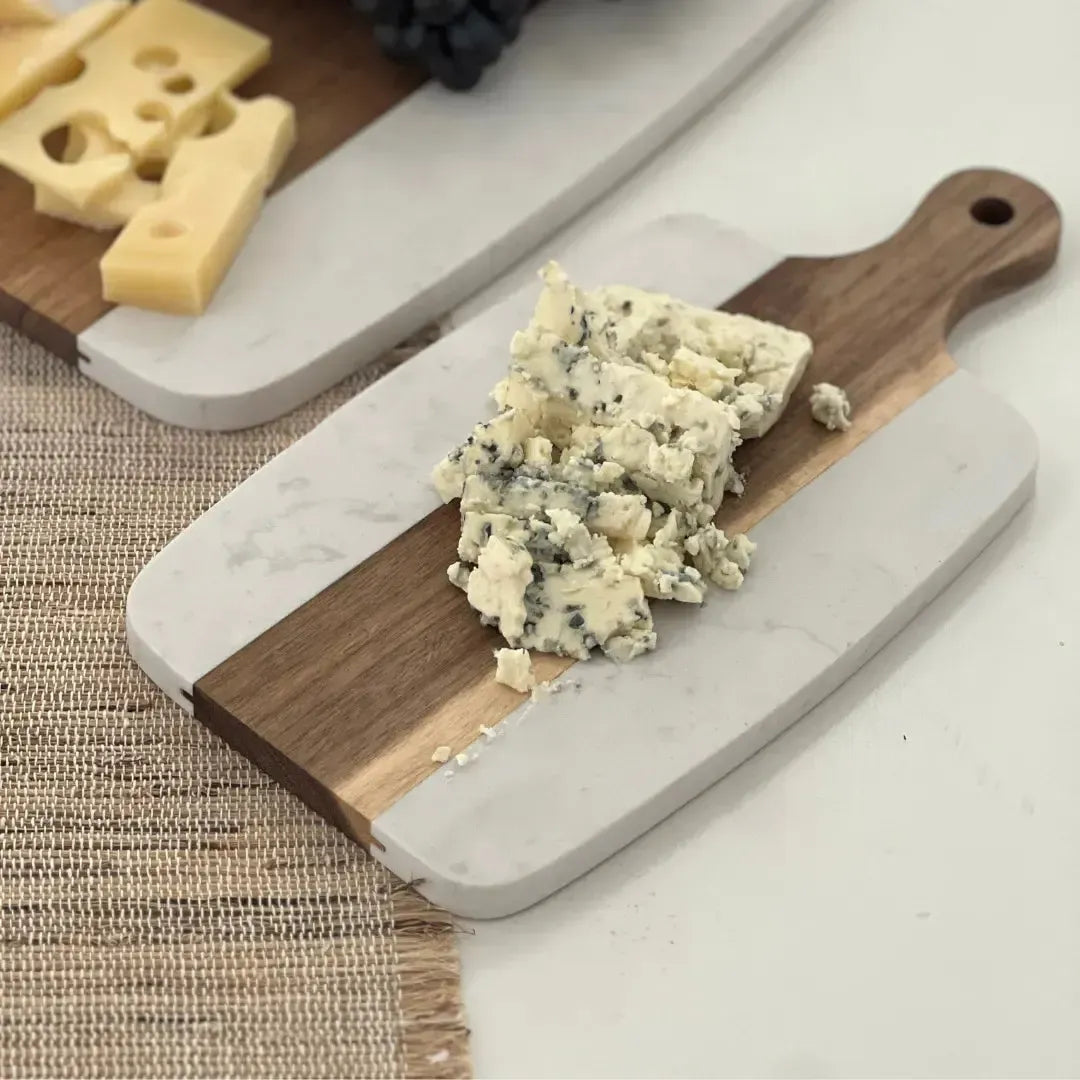 Conjunto 2 Tábuas para Aperitivos com Cabo para Servir Madeira e Mármore Branco