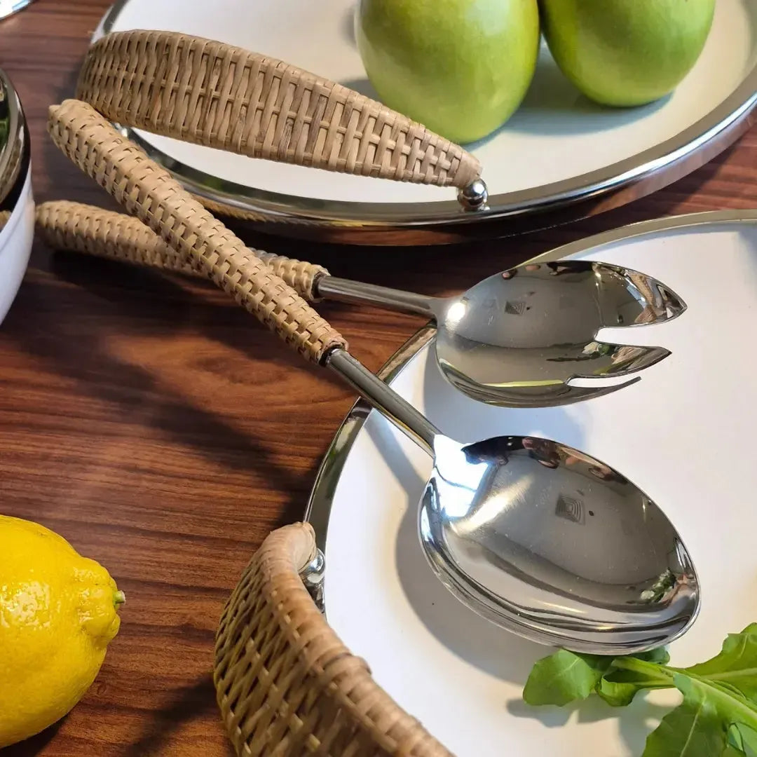 Conjunto 2 Talheres para Salada Alumínio com Cabo Rattan Object Bahali 30,5cm