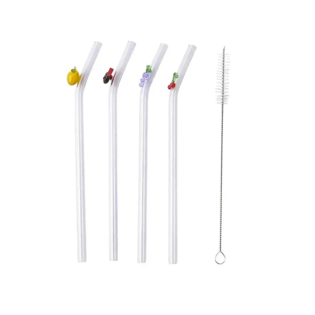 Conjunto 4 Canudos Vidro Reutilizáveis Mix de Frutas com Escova para Limpeza Linha Sintonia