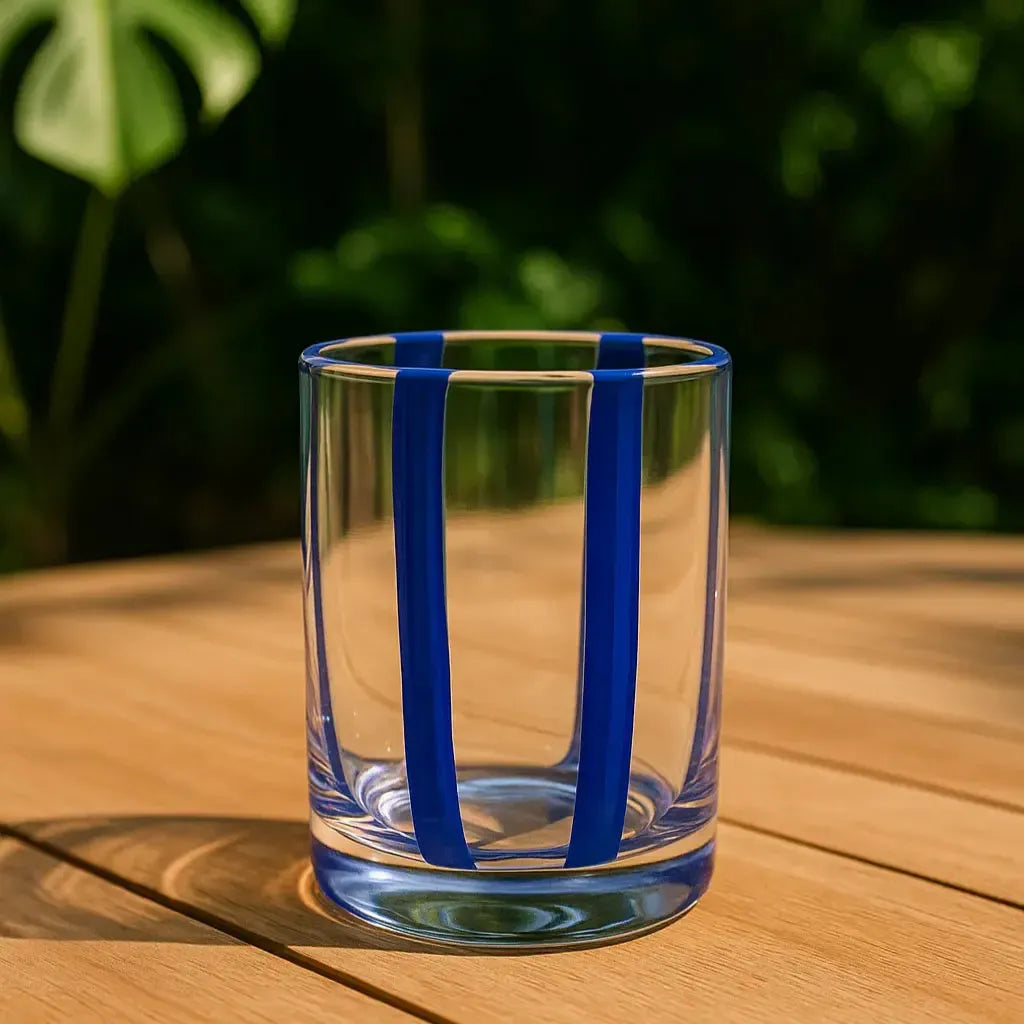 Conjunto 6 Copos Baixos Vidro Transparente com Faixas Azuis 280ml