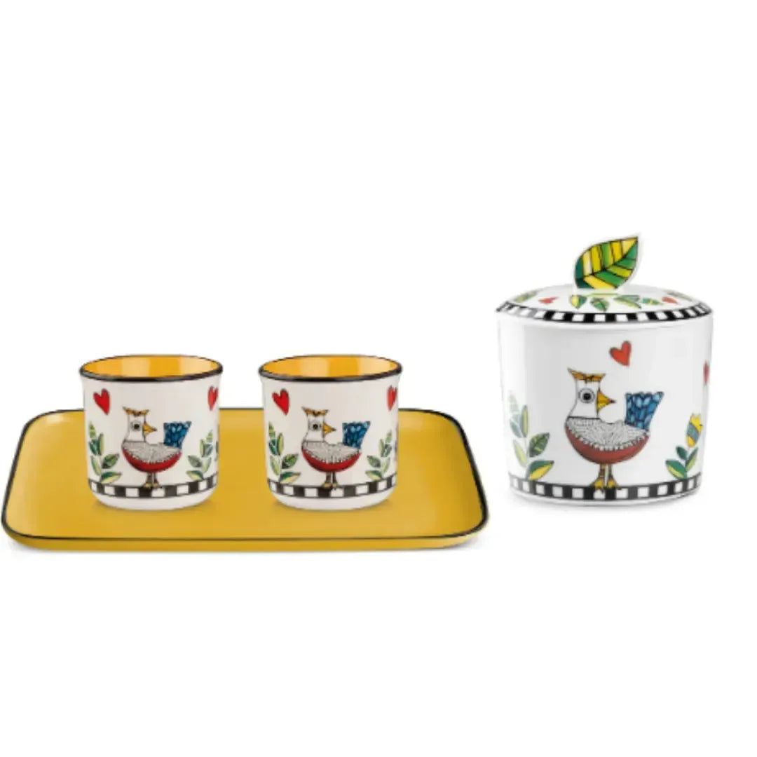 Conjunto Bandeja + 2 Copos Espresso 90ml + Açucareiro Porcelana New Bone China Bone China 250ml Amarelo Cocoricó Egan