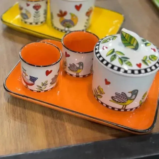 Conjunto Bandeja + 2 Copos Espresso 90ml + Açucareiro Porcelana New Bone China Bone China 250ml Amarelo Cocoricó Egan
