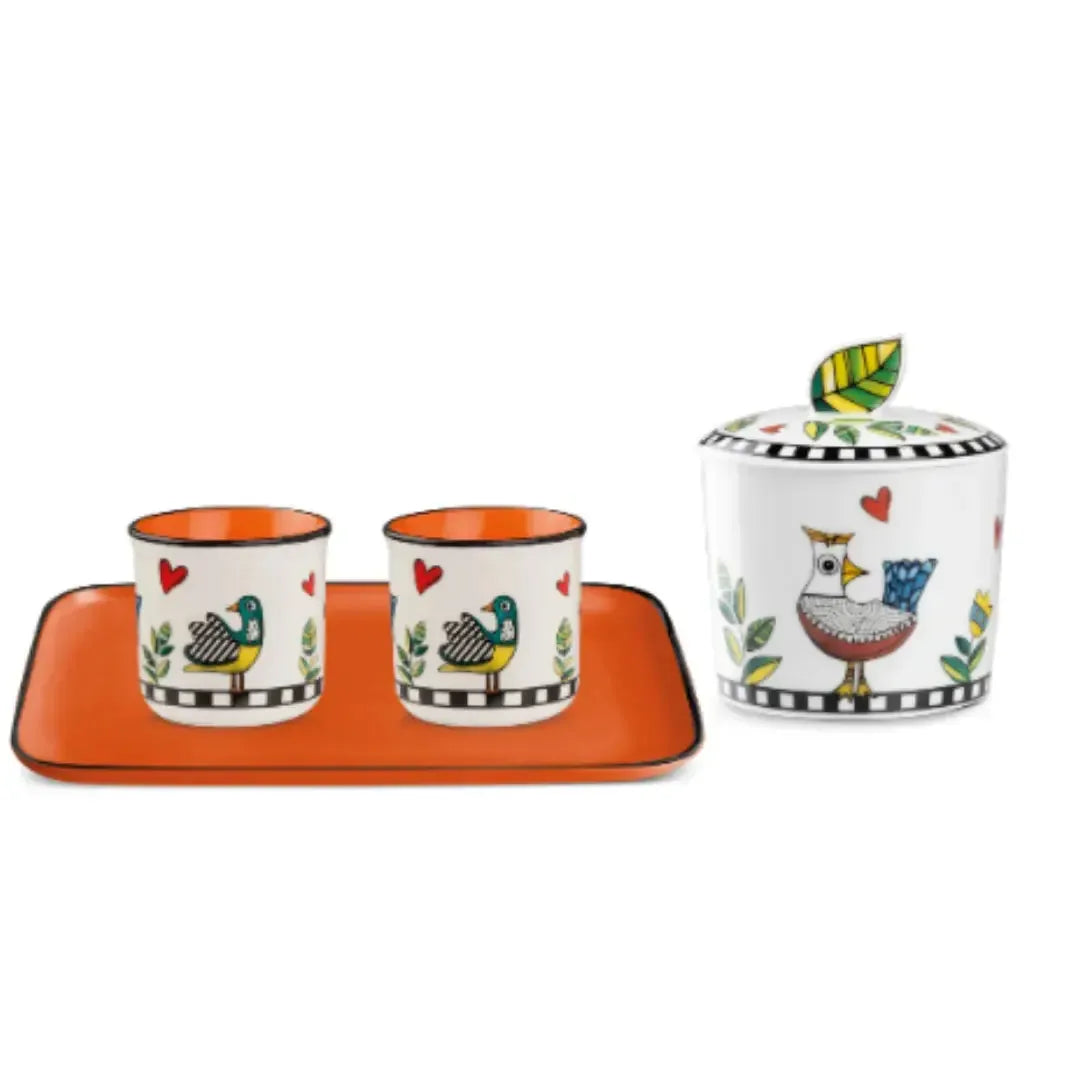 Conjunto Bandeja + 2 Copos Espresso 90ml + Açucareiro Porcelana New Bone China Bone China 250ml Amarelo Cocoricó Egan