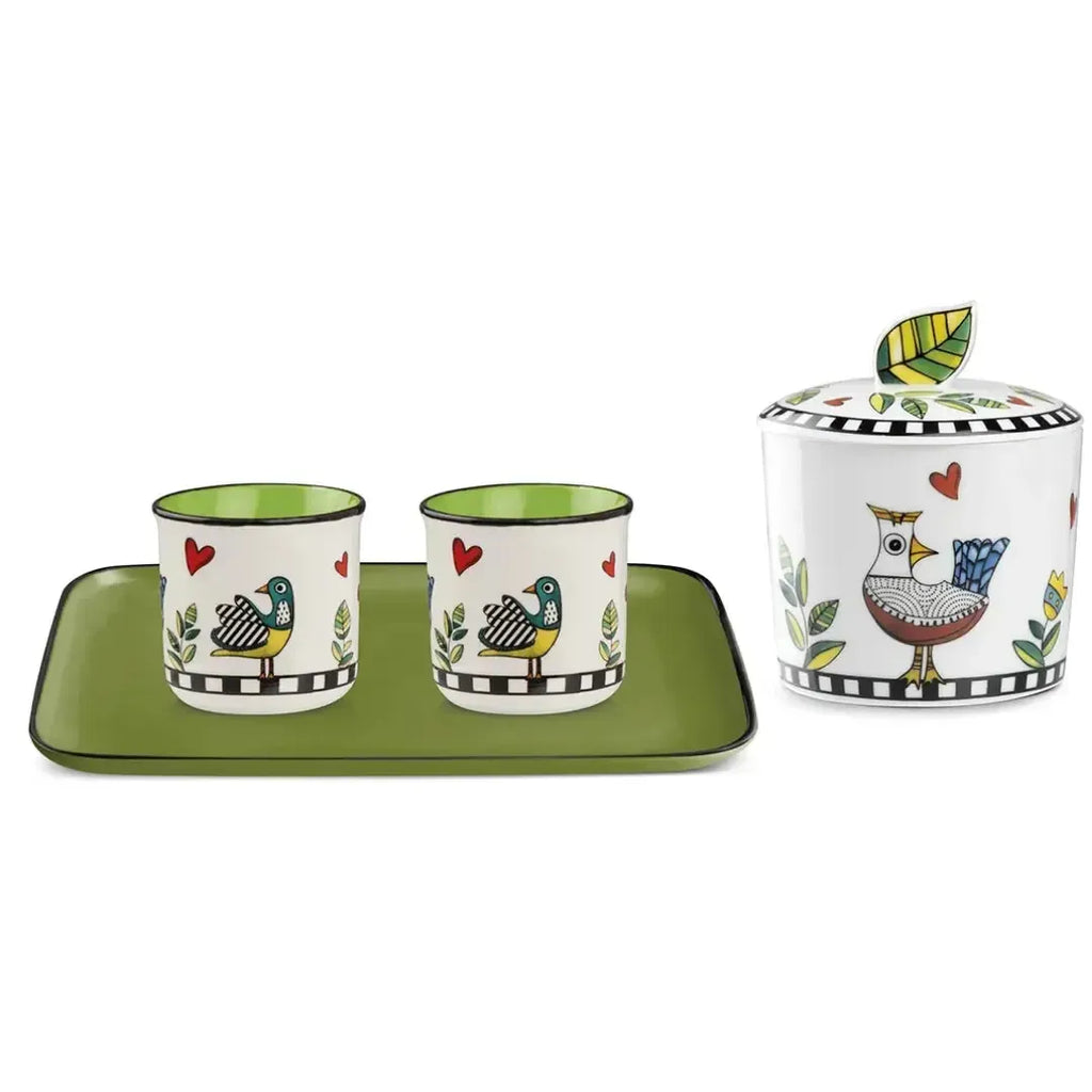 Conjunto Bandeja + 2 Copos Espresso 90ml + Açucareiro Porcelana New Bone China Bone China 250ml Amarelo Cocoricó Egan