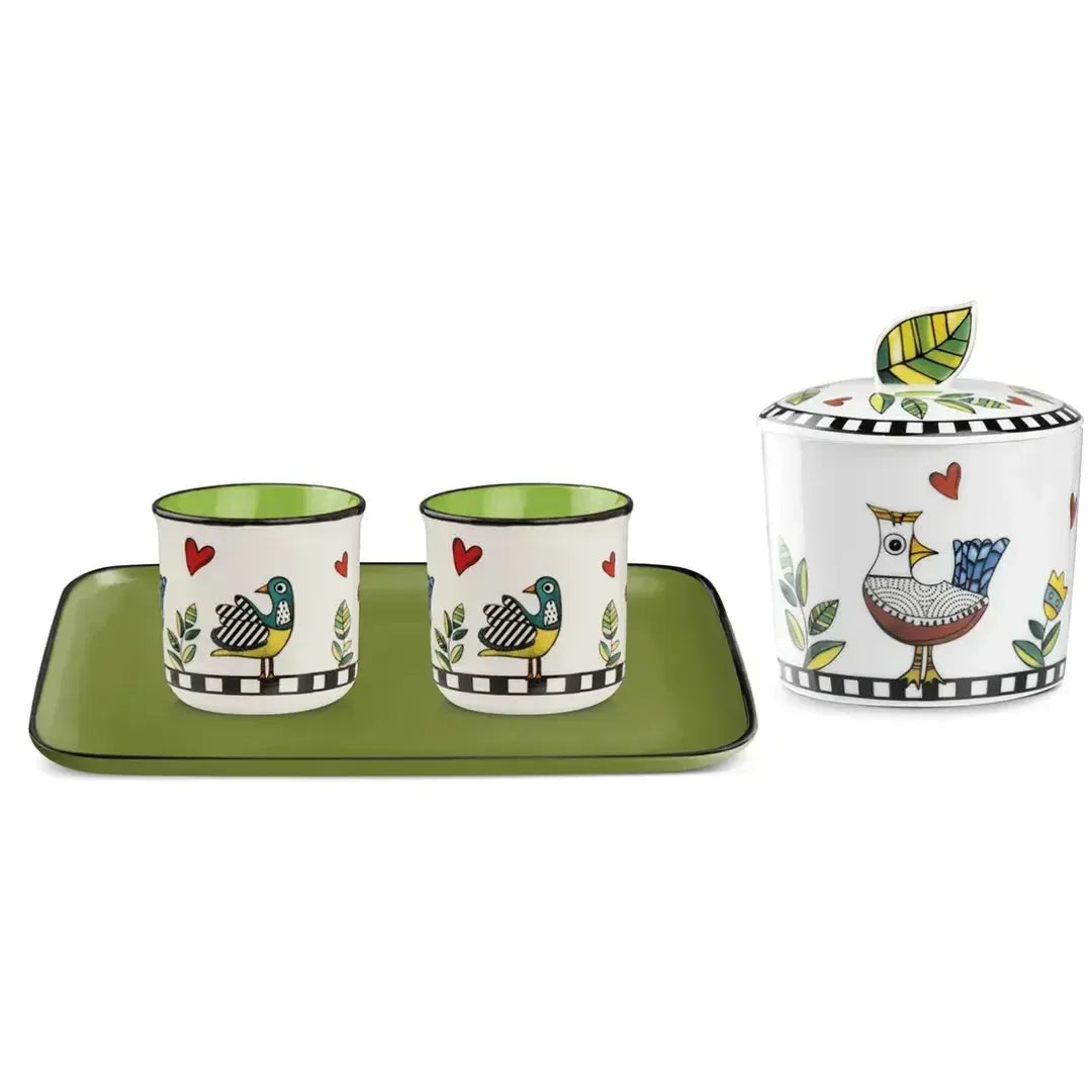 Conjunto Bandeja + 2 Copos Espresso 90ml + Açucareiro Porcelana New Bone China Bone China 250ml Amarelo Cocoricó Egan