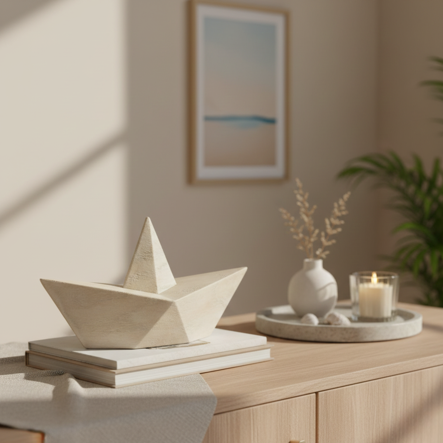 Escultura Barco em Poliresina Bege Mart 14x25,5x9,5cm