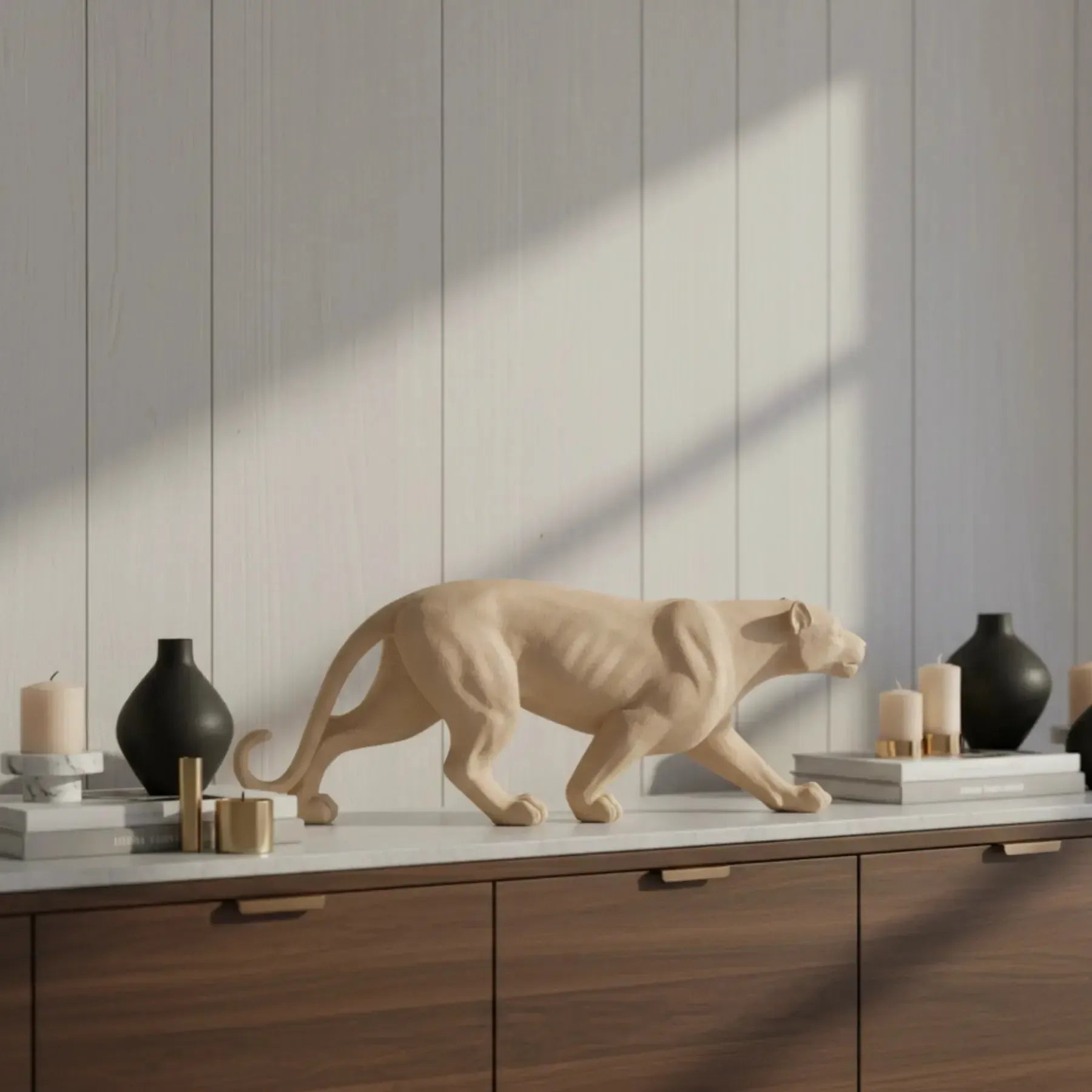 Escultura Leopardo em Poliresina Bege Mart 15,5x46x8cm