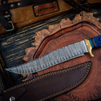 Faca Bowie Artesanal Artemano em Aço Damasco 256 Camadas com Cabo em Pakkawood Azul Marinho