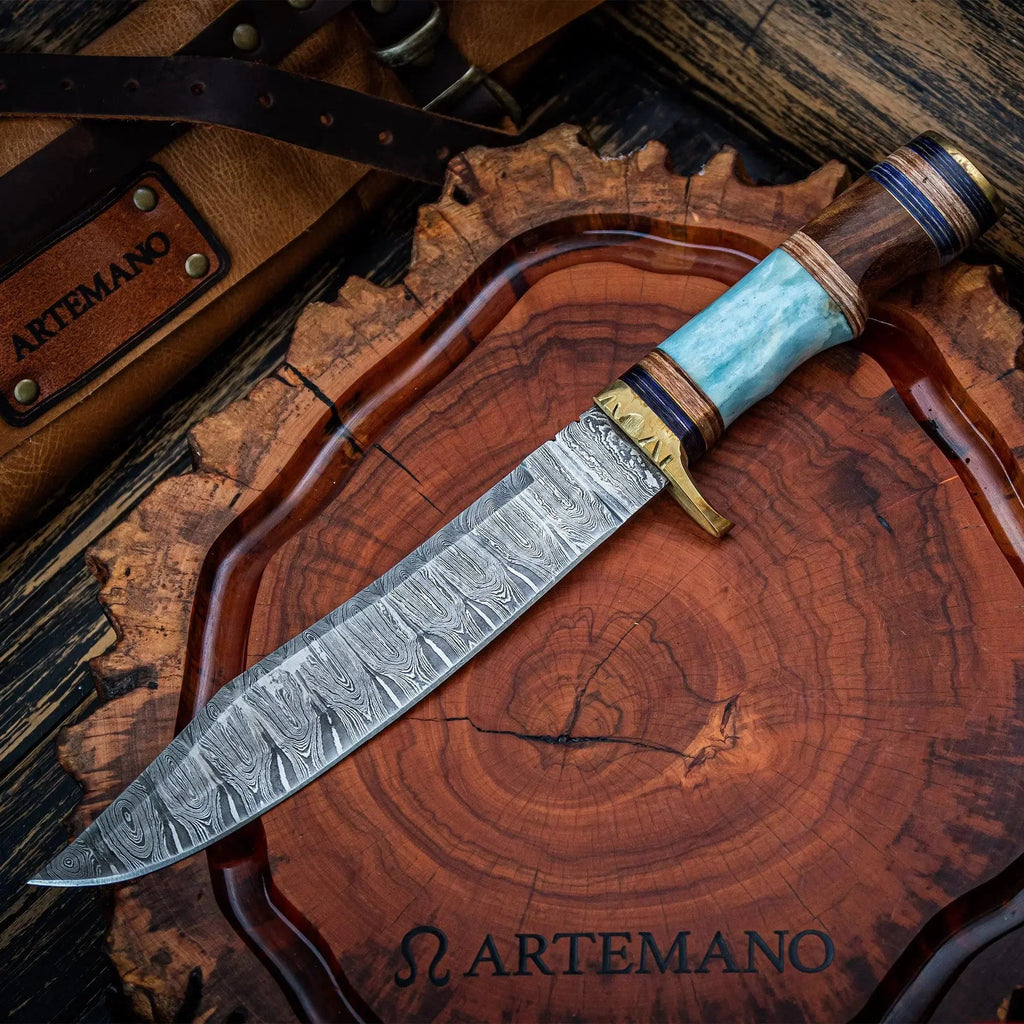 Faca Bowie Artesanal Artemano em Aço Damasco 256 Camadas com Cabo em Pakkawood Azul Turquesa