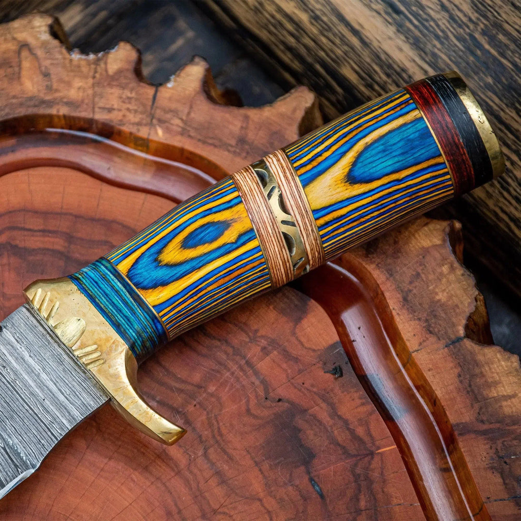 Faca Bowie Artesanal Artemano em Aço Damasco 256 Camadas com Cabo em Pakkawood Clara