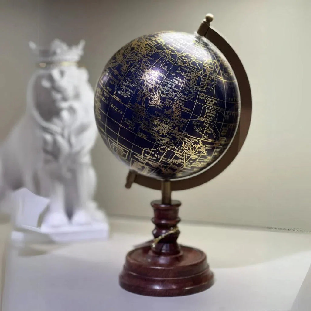 Globo Terrestre para Decoração Azul Retrô Grande - Base Elos de Madeira
