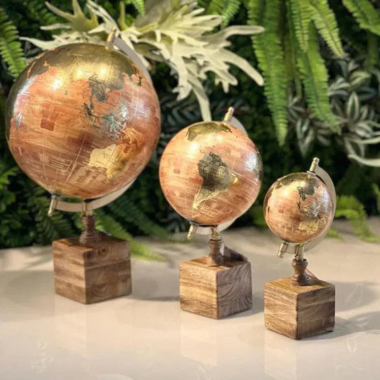 Globo Terrestre para Decoração Caramelo Retrô Grande - Base Quadrada de Madeira