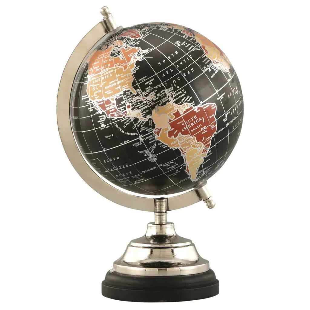Globo Terrestre para Decoração Preto Retrô Grande - Base Redonda de Madeira e Metal