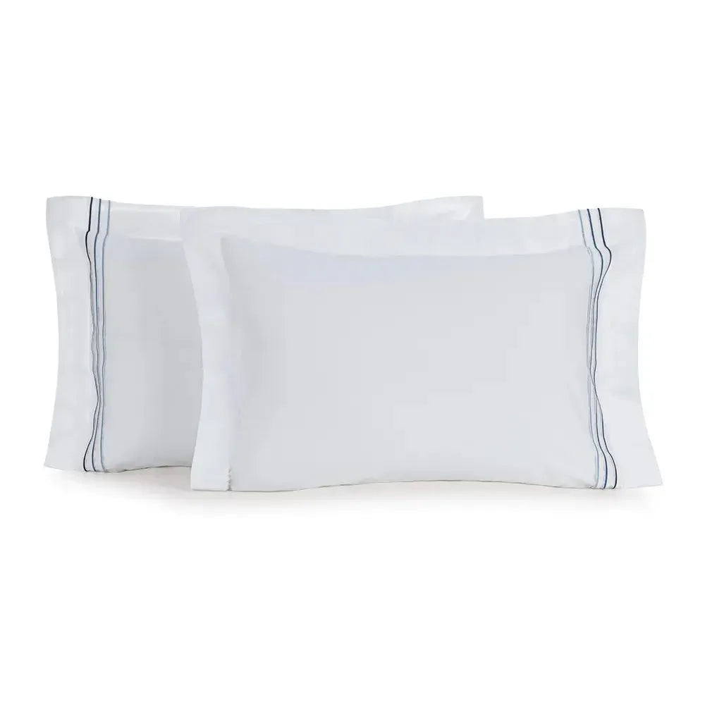 Jogo 2 Fronhas Menfi 200 Fios Cetim 100% Algodão Branco / Azul Trussardi