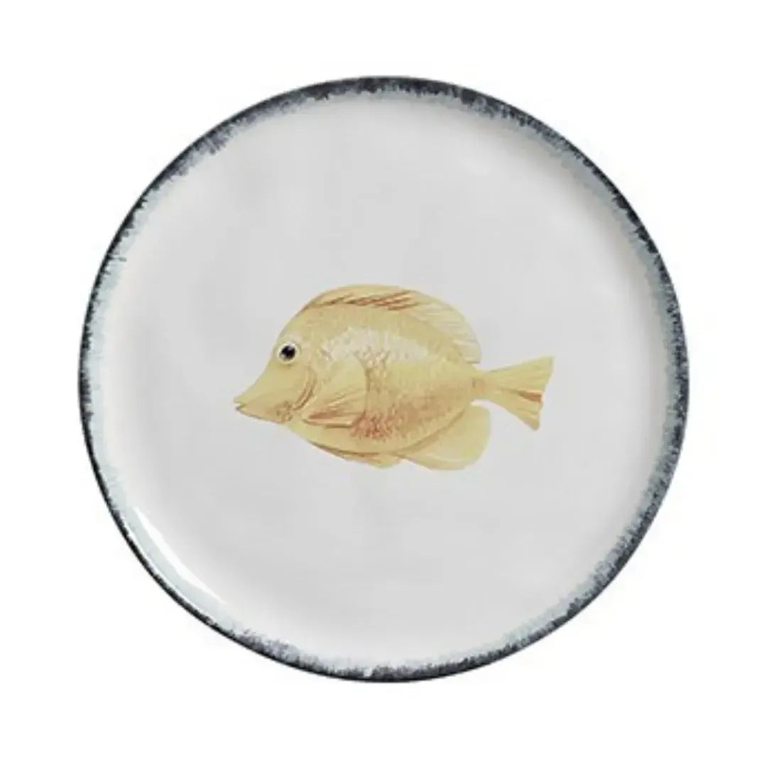 Jogo 6 Pratos Raso Atlântica Cerâmica Peixe Azul / Amarelo e Concha 28cm Scalla