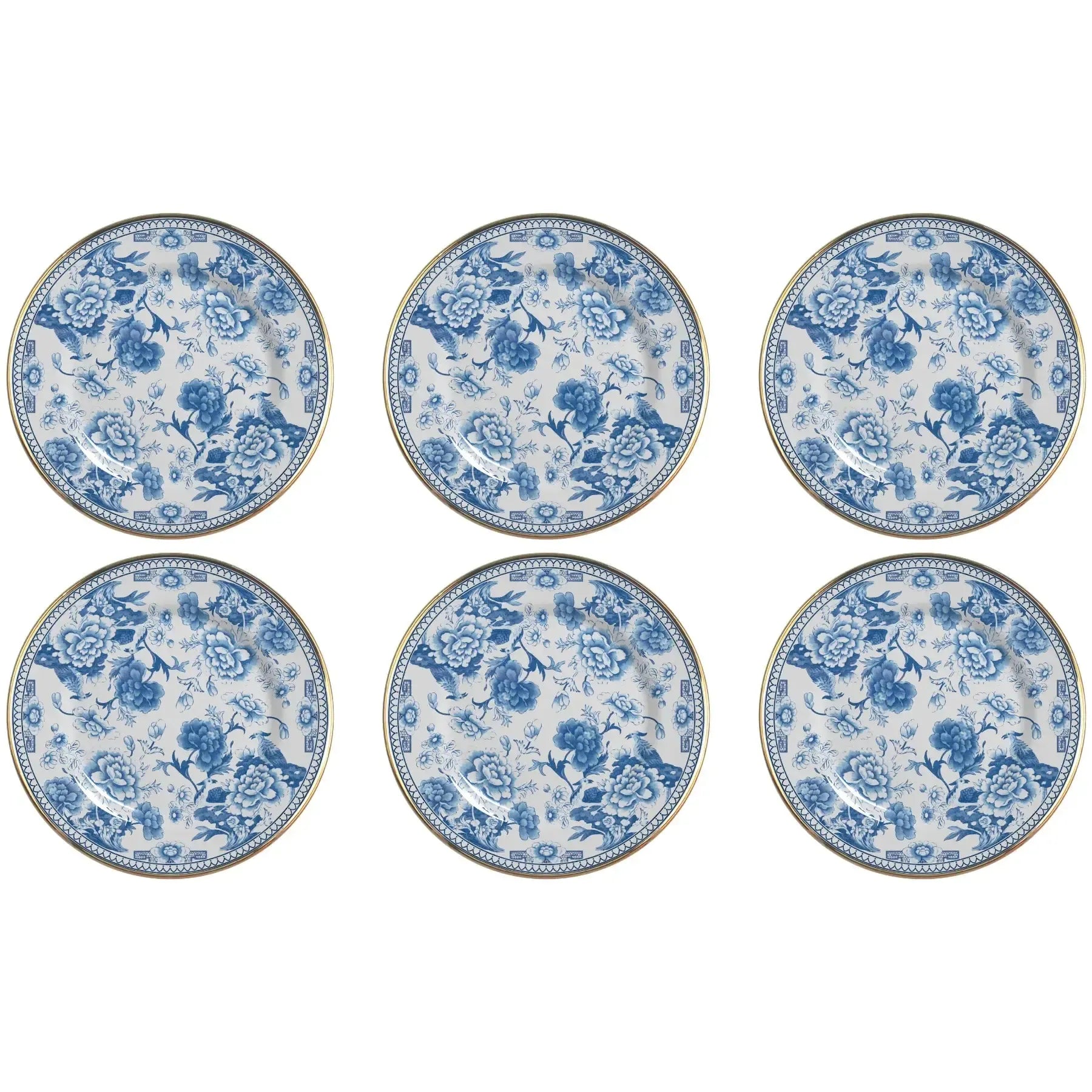 Jogo 6 Pratos Rasos Cerâmica Chinese Blue B Filete Ouro 29cm Alleanza