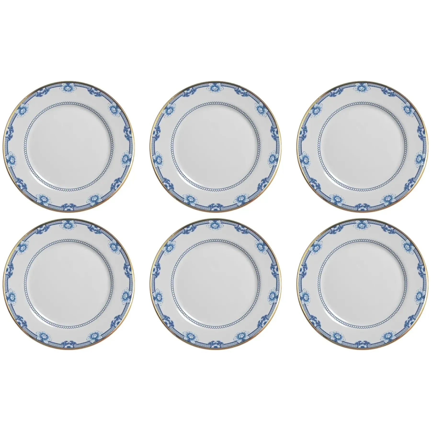 Jogo 6 Pratos Rasos Cerâmica Chinese Blue Filete Ouro 29cm Alleanza