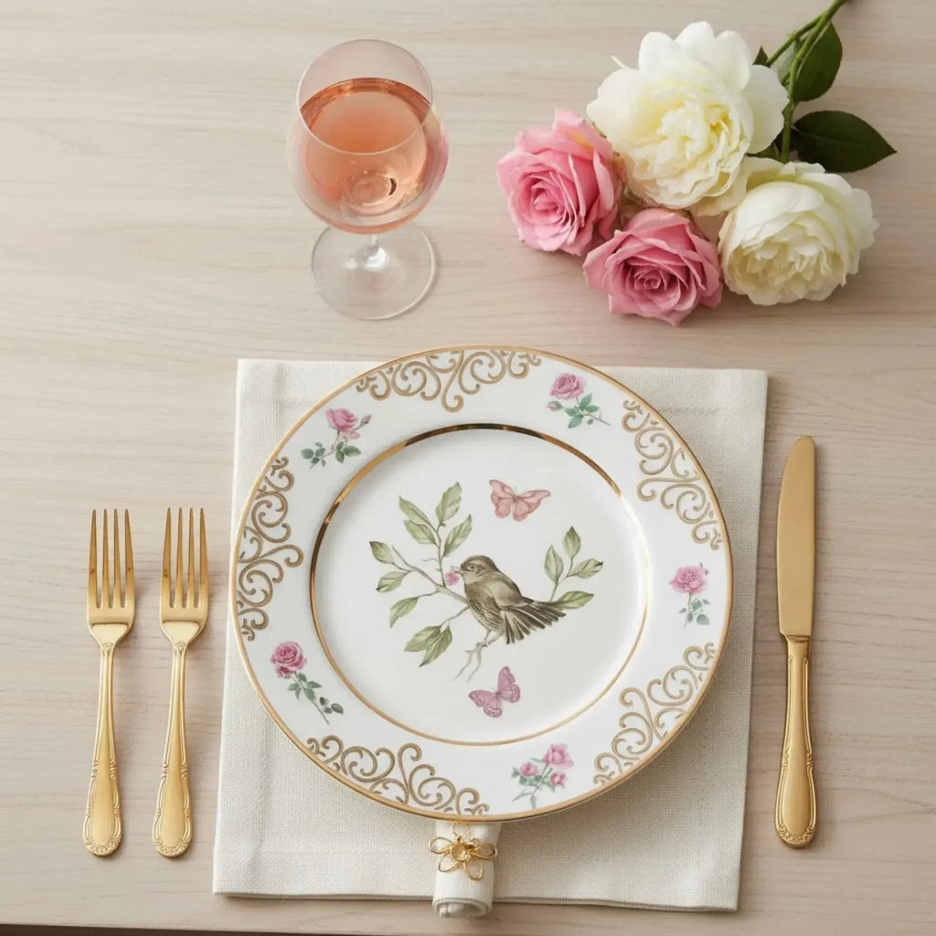 Jogo 6 Pratos Rasos Cerâmica Sweet Bird Filete Ouro 29cm Alleanza