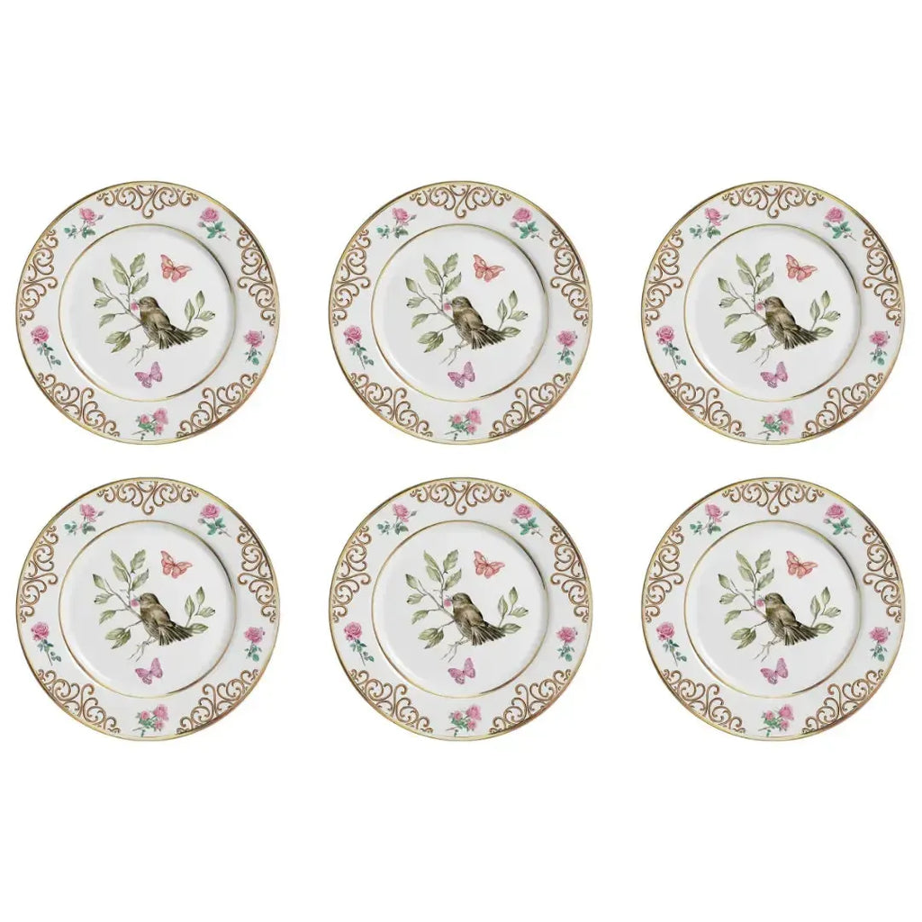 Jogo 6 Pratos Rasos Cerâmica Sweet Bird Filete Ouro 29cm Alleanza