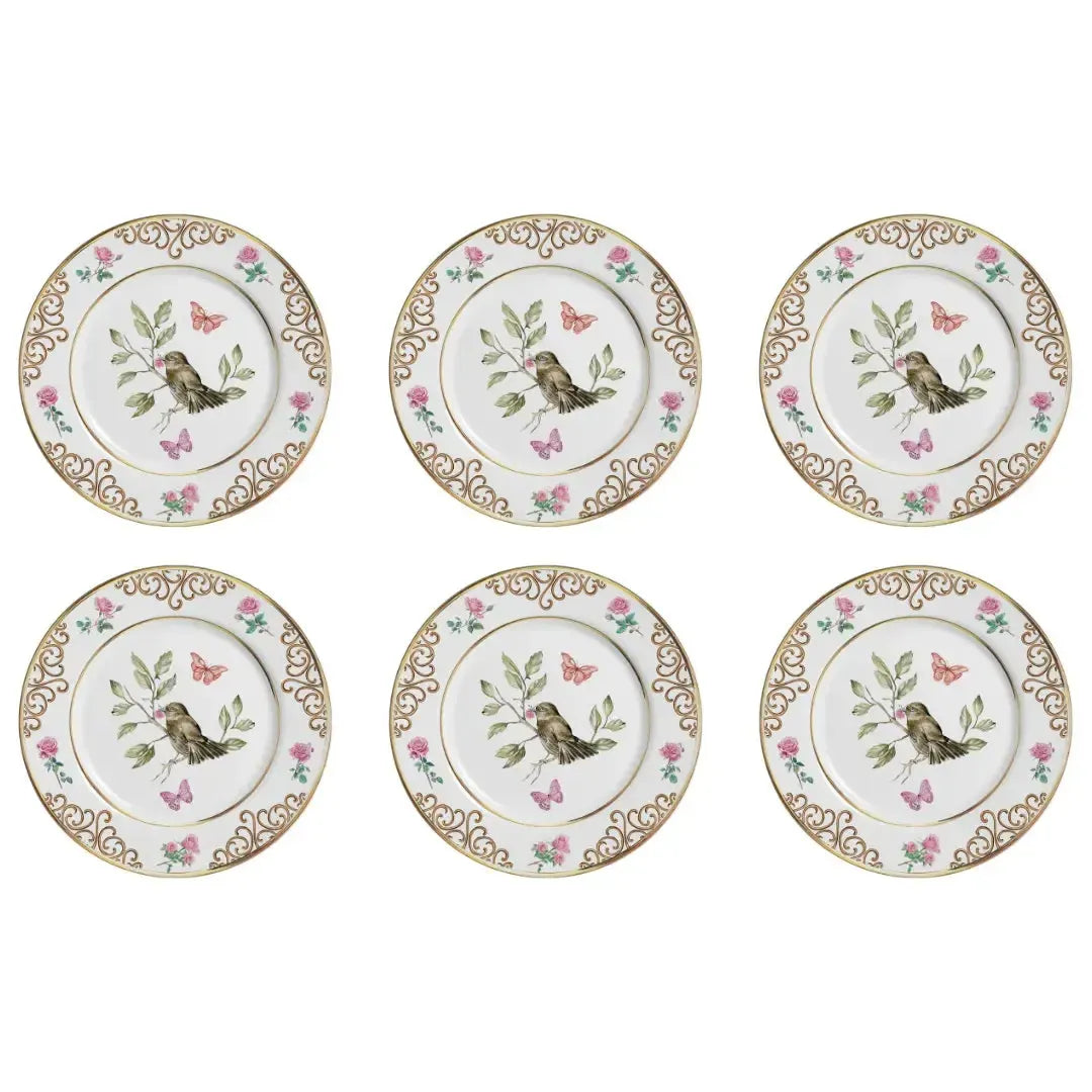 Jogo 6 Pratos Rasos Cerâmica Sweet Bird Filete Ouro 29cm Alleanza