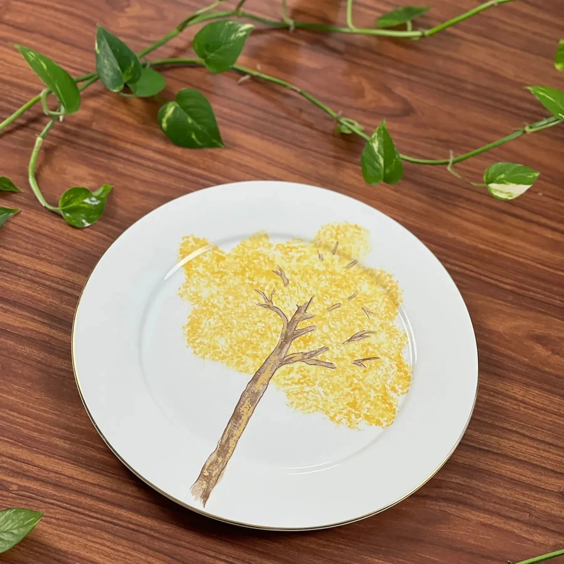 Jogo 6 Pratos Rasos Cerâmica Ypê Colorido com Filete de Ouro 28cm Scalla