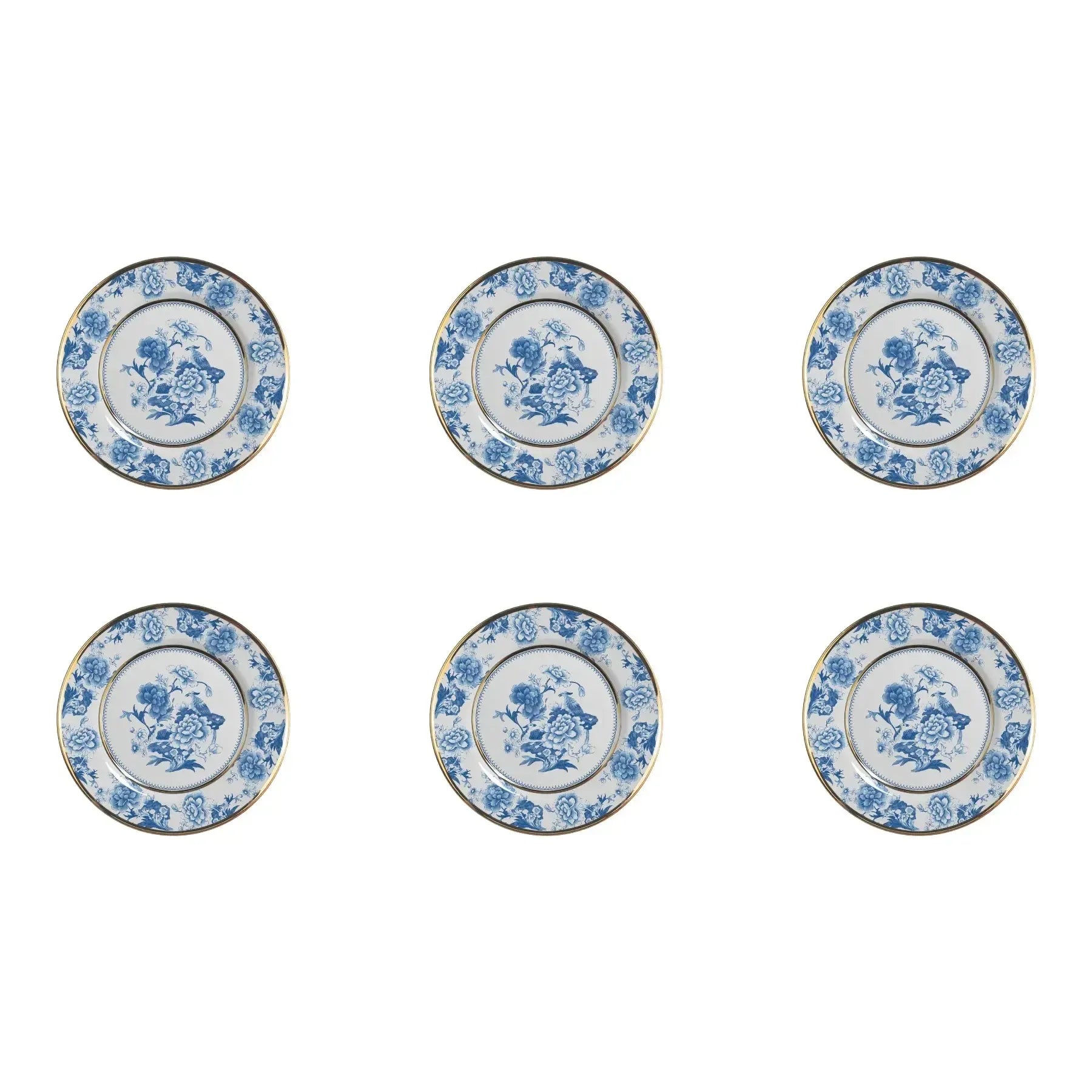 Jogo 6 Pratos Sobremesa Cerâmica Chinese Blue Filete Ouro 21cm Alleanza