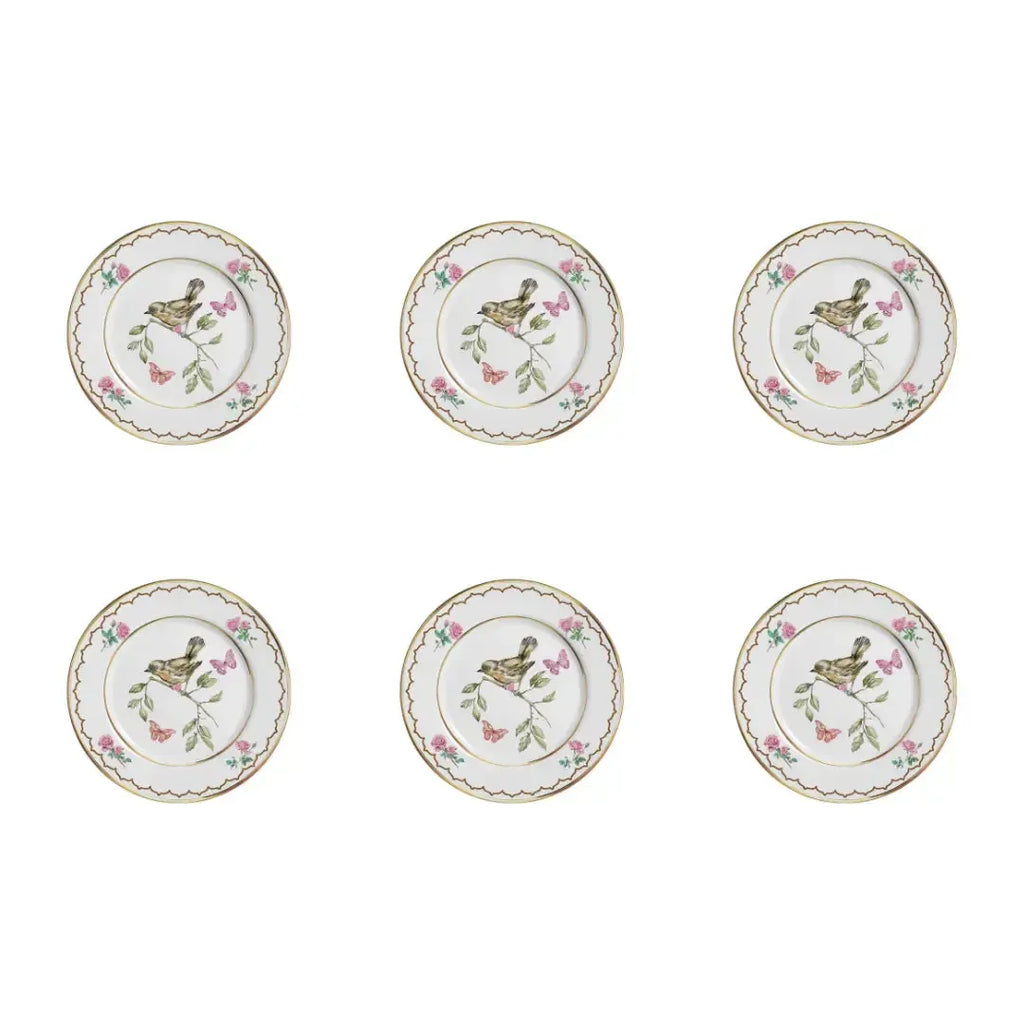 Jogo 6 Pratos Sobremesa Cerâmica Sweet Bird Filete Ouro 21cm Alleanza