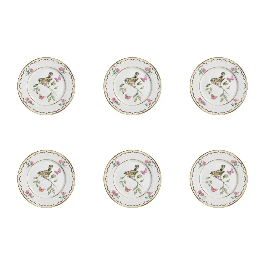 Jogo 6 Pratos Sobremesa Cerâmica Sweet Bird Filete Ouro 21cm Alleanza