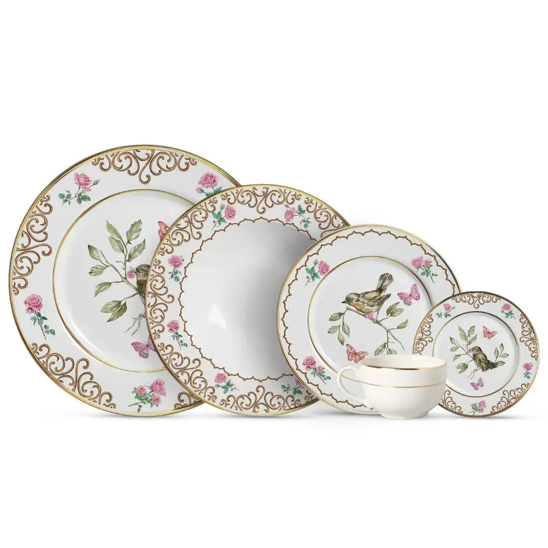 Jogo 6 Pratos Sobremesa Cerâmica Sweet Bird Filete Ouro 21cm Alleanza