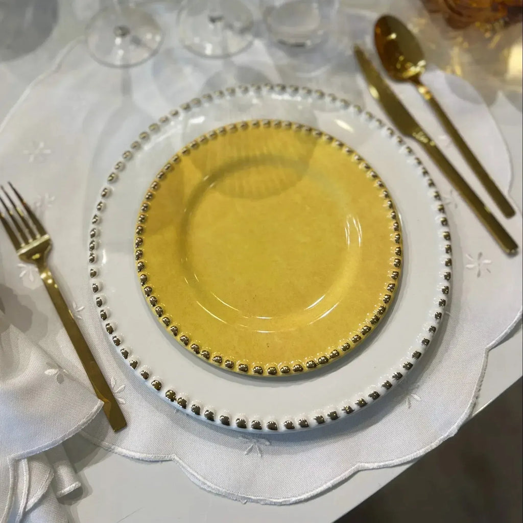 Jogo 6 Pratos de Sobremesa Cerâmica Brasilis Branco com Filete de Ouro 20cm Scalla