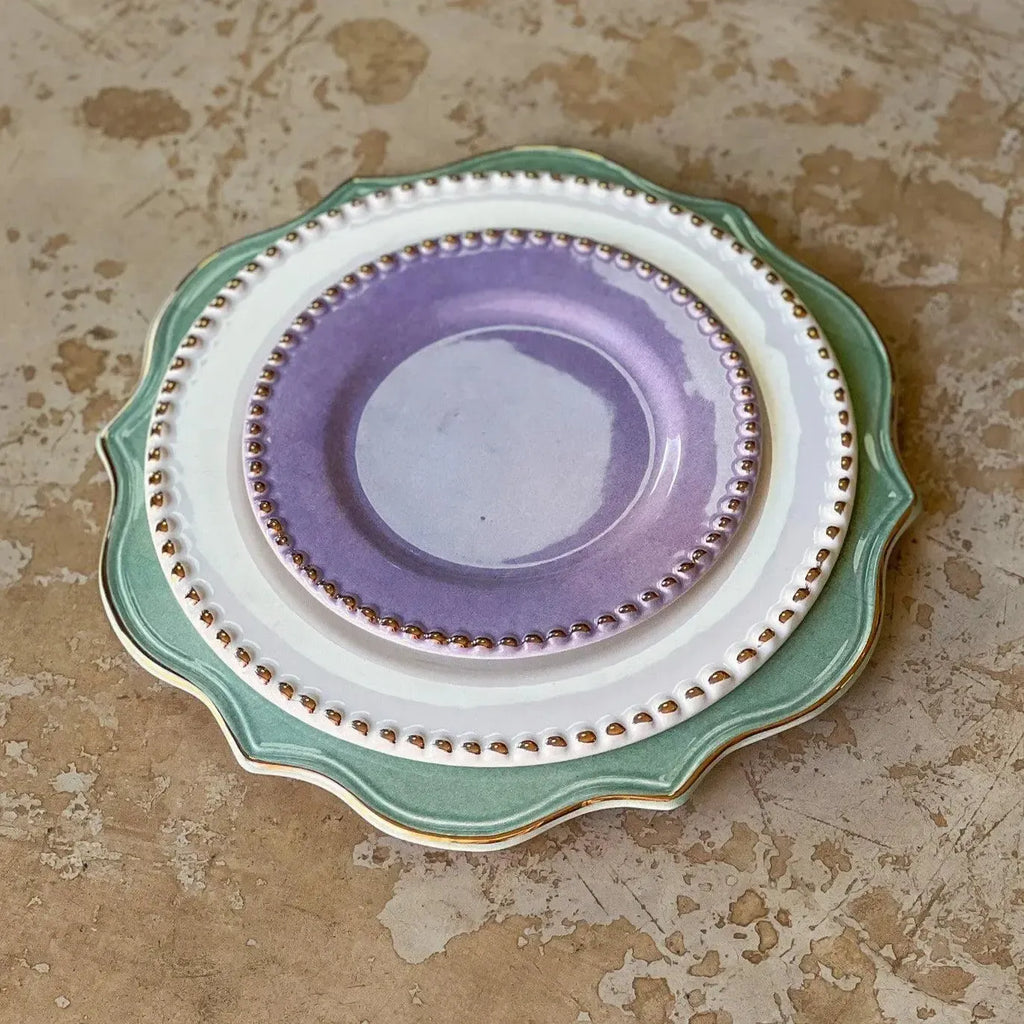 Jogo 6 Pratos de Sobremesa Cerâmica Brasilis Lilás com Filete de Ouro 20cm Scalla