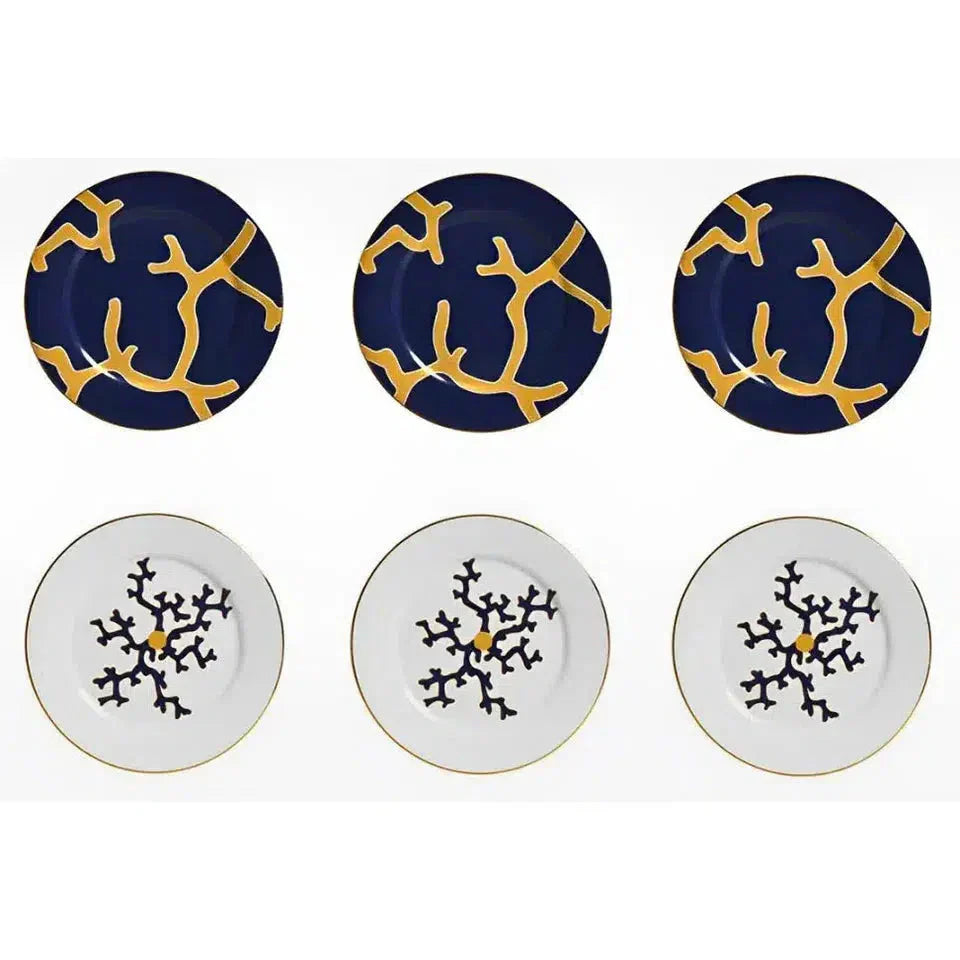 Jogo 6 Pratos de Sobremesa Cerâmica Coral Blue (Azul com Amarelo e Branco com Azul) 20,6cm Scalla