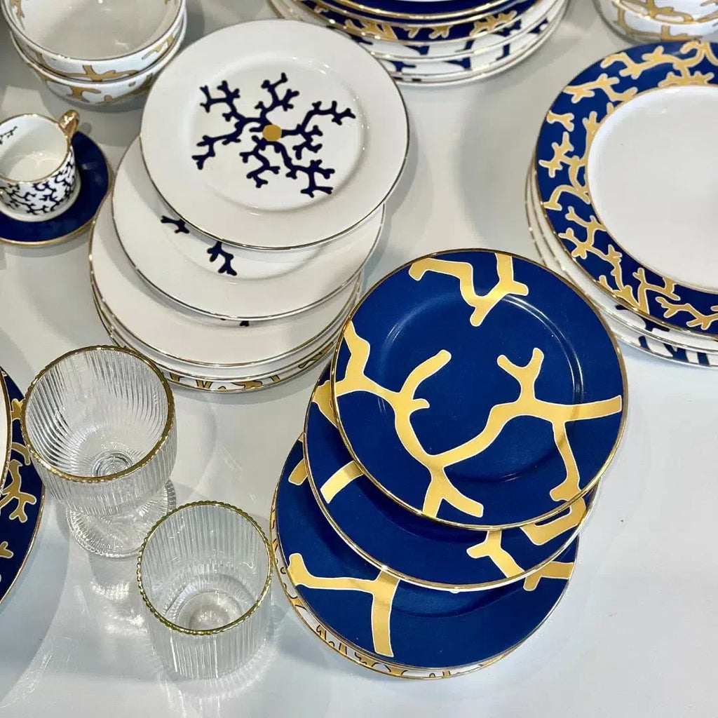 Jogo 6 Pratos de Sobremesa Cerâmica Coral Blue (Azul com Amarelo e Branco com Azul) 20,6cm Scalla
