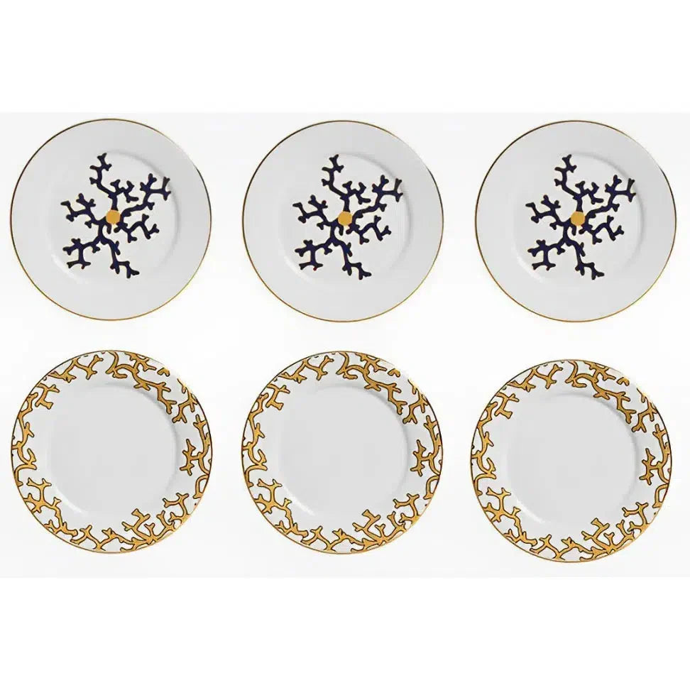 Jogo 6 Pratos de Sobremesa Cerâmica Coral Blue (Branco com Azul e Branco com Amarelo) 20,6cm Scalla