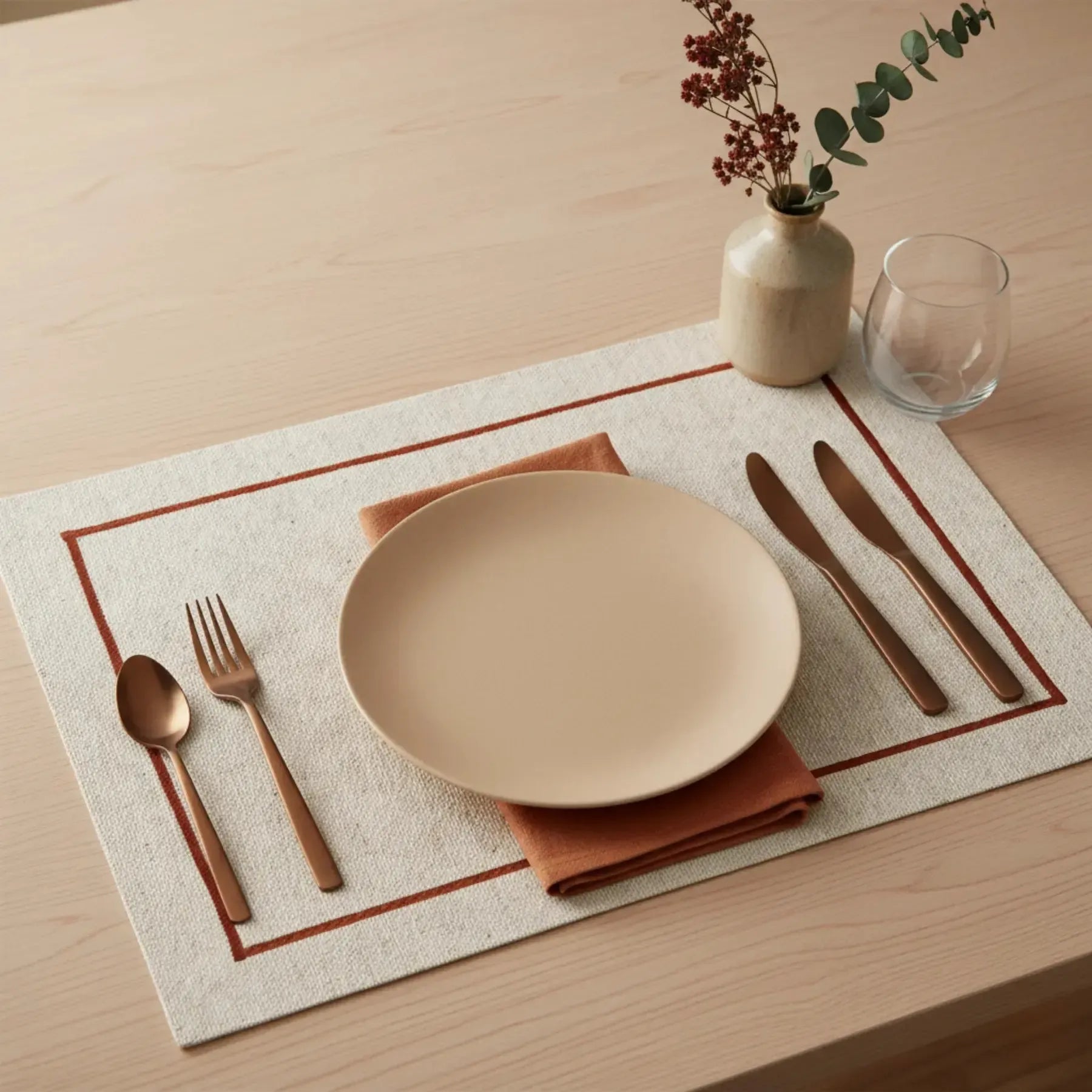 Jogo Americano Retangular Linho Off White Borda Terracota 38x52